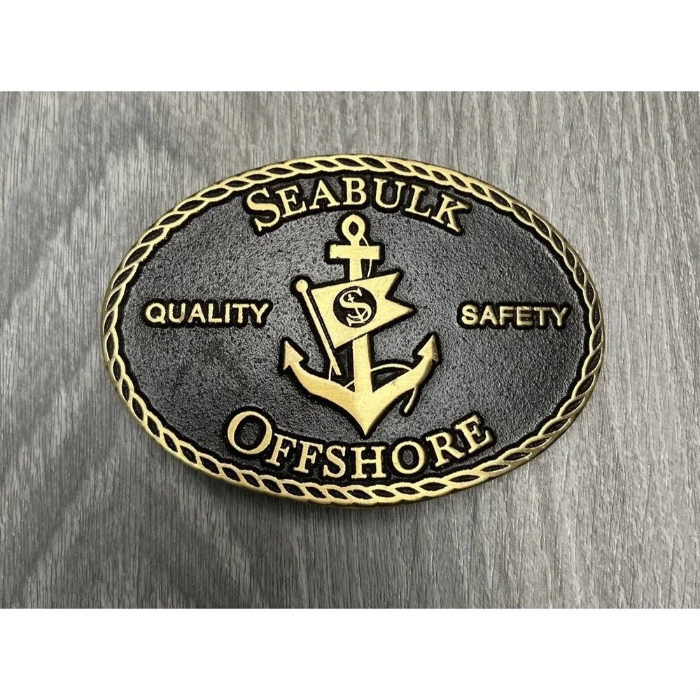 Seabulk Offshore Advertising Belt Buckle Quality Safety Anchor Brass Tone Black